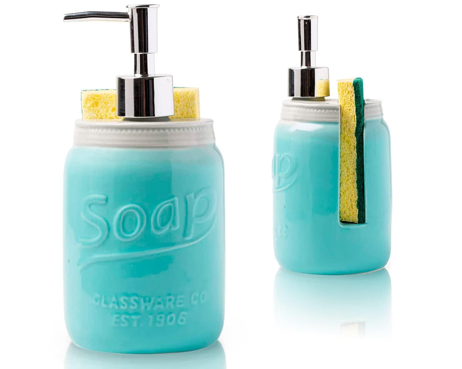 Kitchen Soap Dispenser & Sponge Holder - Decorative Sink Organizer - Kitchen Counter Liquid Soap Dispenser with Stainless Steel Pump, Blue Ceramic Soap Holder w/Free Sponge