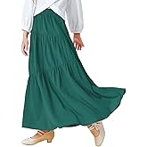 Haloumoning Girls Elastic High Waist Maxi Skirt Boho A-Line Tiered Pleated Long Skirts with Pockets 5-14 Years