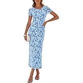 ZESICA Women's 2026 Summer Floral Bodycon Dress Short Sleeve Ruched Mesh Wedding Guest Cocktail Party Midi Dresses