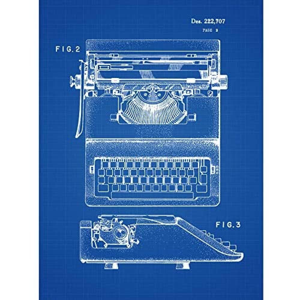 Wee Blue Coo Typewriter Blueprint Art Print Canvas Premium Wall Decor Poster Mural