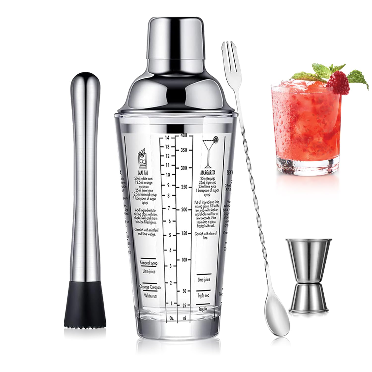 Stainless Steel Glass Boston Shaker Cocktail Set Kit with 22oz Leak-Proof Lid - Beginner's Bartender Kit Includes Jigger, Ice Shaker, Mixing Glass, Bar Tools
