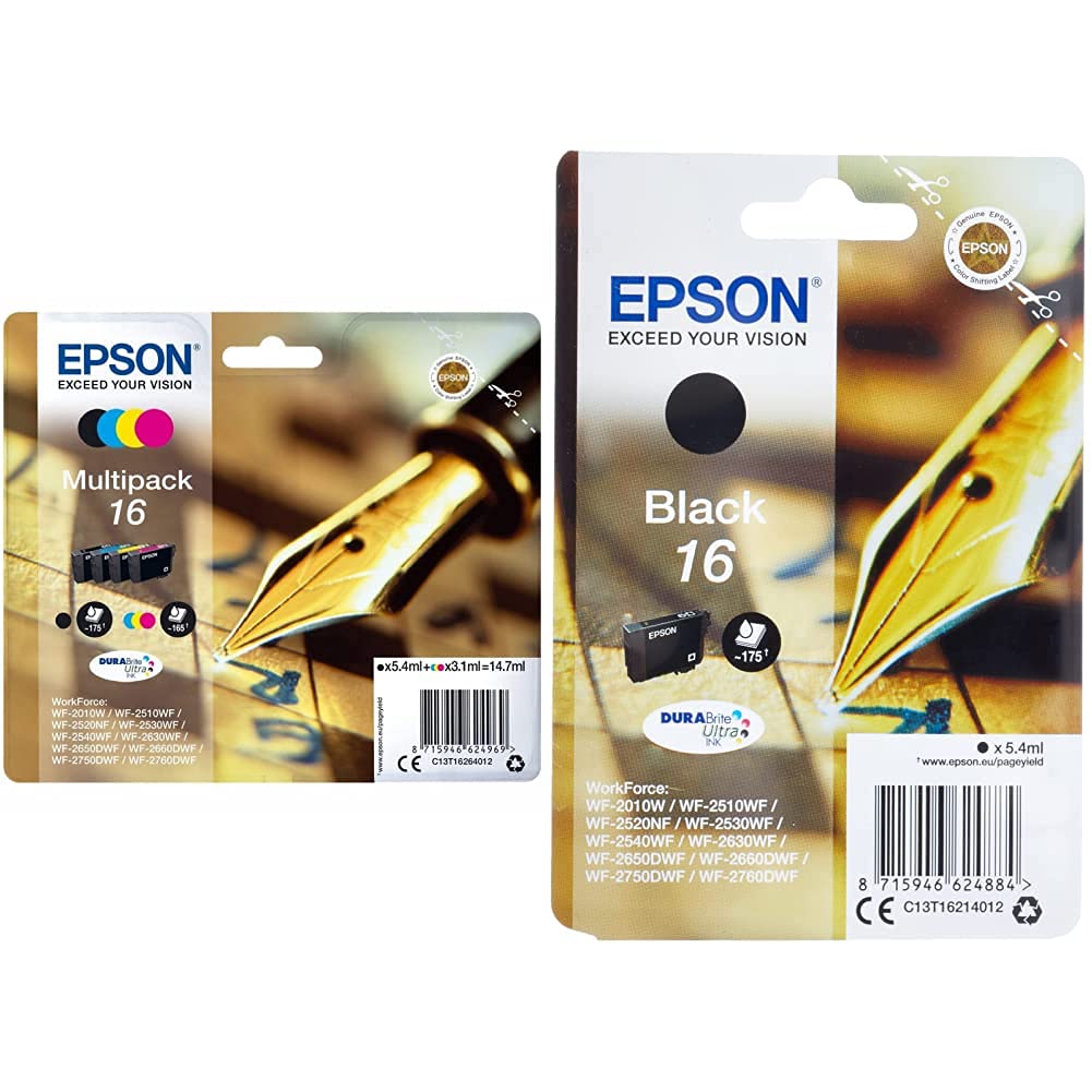 Epson C13T16264012 16 Series Ink Cartridges, Black, Cyan, Magenta, Yellow, Multipack &C13T16214012 16 Series Ink Cartridge, Black, Genuine