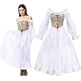 White Renaissance Dress Women Medieval Victorian Costume Ren Faire Off The Shoulder Corset Dress Cosplay Princess Fairy Elf