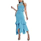 Aisbei Women's Elegant Bodycon Maxi Dress Mock Neck Sleeveless Mesh Ruffle Dress Party Cocktail Formal Wedding Guest Dresses