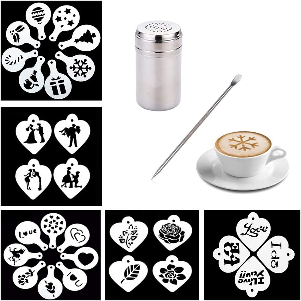 Mimeela 28 Coffee Latte Art Stencils + 1 Stainless Steel Mesh Powder Shaker + 1 Latte Art Pen,Christmas Coffee Decorating Stencils Barista Templates for Cappuccino Cake Cookie Mousse