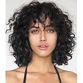 Siudus Black Short Curly Wigs for Women with Bangs Shoulder Length Heat Resistant Synthetic Daily Costume Hair Wig