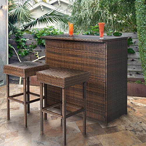 3PC Wicker Bar Set Patio Outdoor Backyard Table &amp; 2 Stools Rattan Furniture