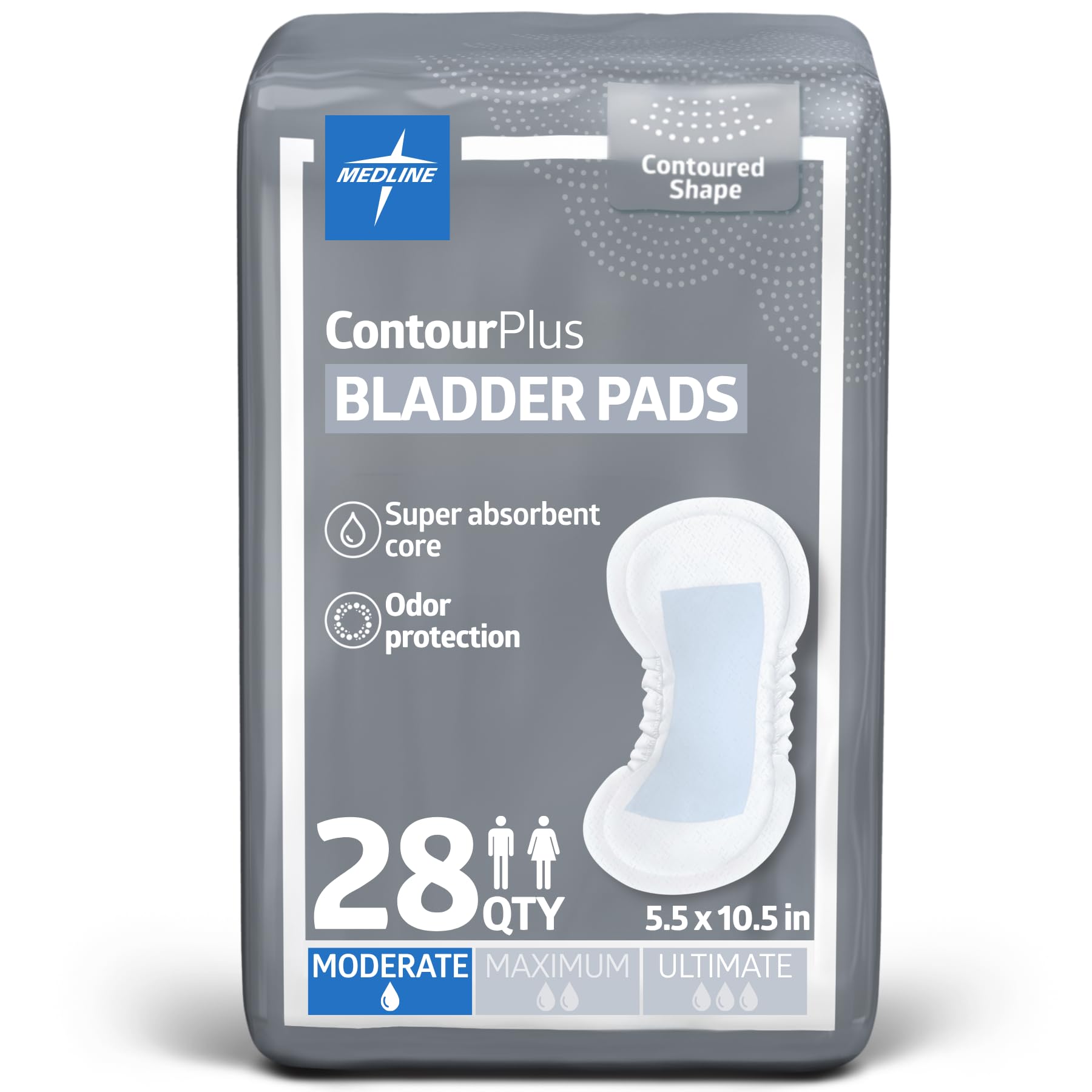 Photo 1 of Medline ContourPlus Bladder Control Incontinence Pads, Moderate Absorbency, 5.5" x 10.5", 28 Count