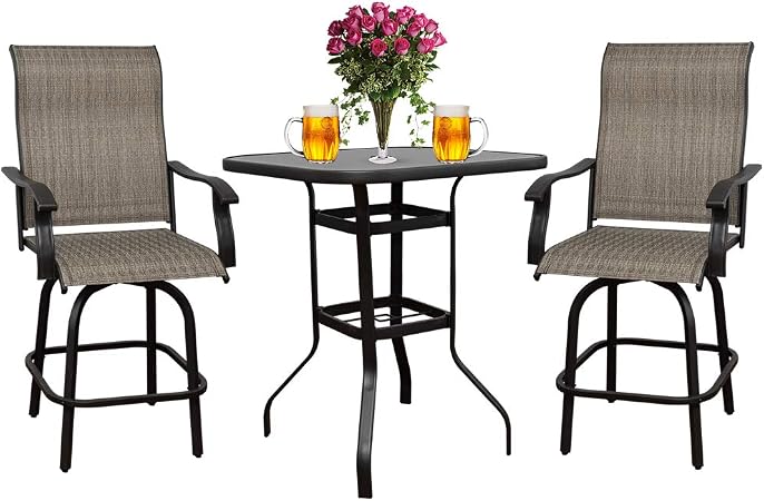 Amazon Com 3pcs Patio 360 Swivel Stool Bar Set Outdoor Furniture Height Bistro Chairs Table Sets Suitable For Deck Backyard Balcony And Garden Garden Outdoor