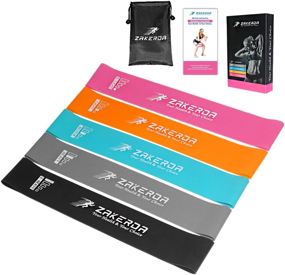 WAJIWA Resistance Loop Exercise Bands, Exercise Bands/Fitness Bands, Set of 5,with Exercise Guide, eBook and Carry Bag, 5X Power Body Workout Band for Legs and Butt, Yoga, Crossfit, Strength Training