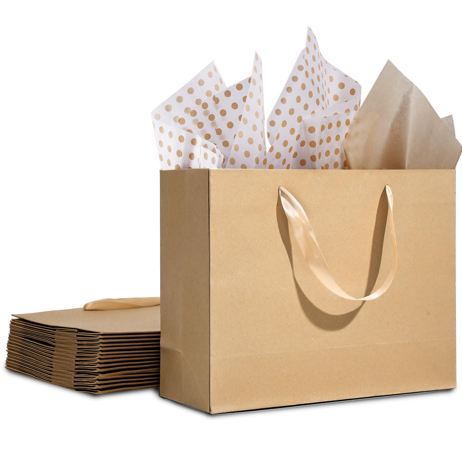 Photo 1 of 12 Pack Gift Bags Medium with Tissue bags, Kraft Paper Bag with Ribbon Handles, Brown Paper Gift Wrap Bags for Shopping, Small Business, Wedding, Christmas and Holiday (10.6” x3.1” x8.3”)