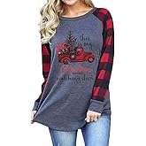 Womens Christmas Shirt Long Sleeve Crewneck Xmas Tee Tops Pliad Sleeve Holiday Outfits S-XXL
