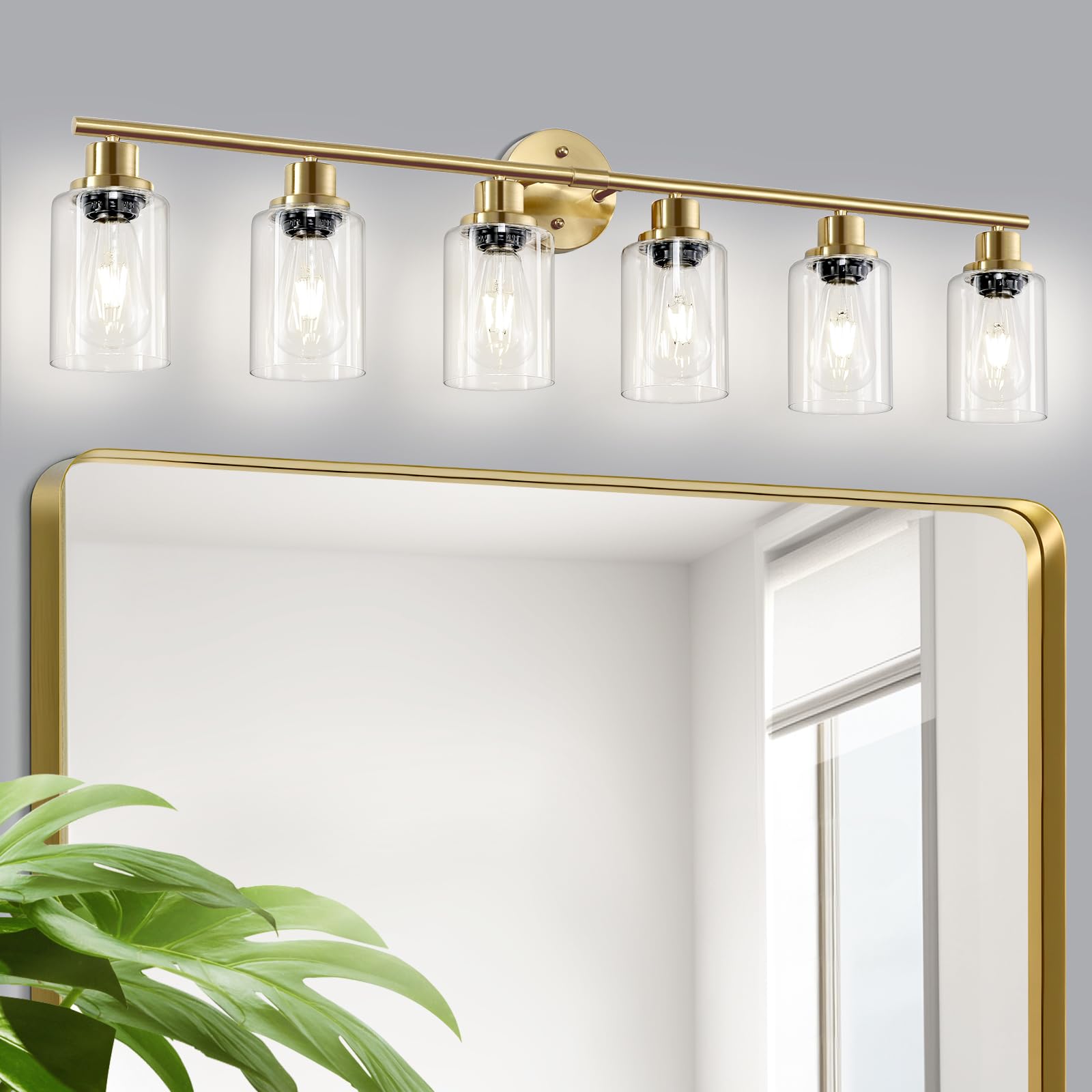 Guliaofo 6-Light E26 Gold Bathroom Vanity Lights, Modern Bathroom Light Fixtures with Clear Glass Shade, Wall Lamps for Mirror Hallway Kitchen Cabinet Living Room Sconces Lights Image