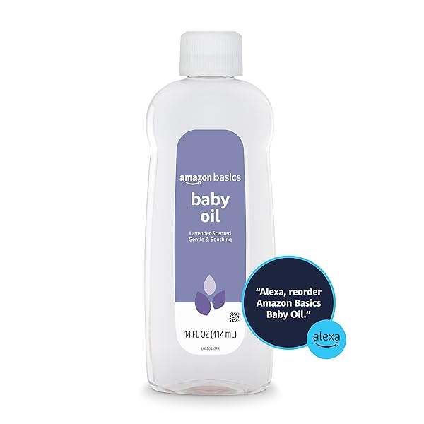 AMAZON BASICS BABY OIL, SOOTHING LAVENDER SCENTED, PREVENTS MOISTURE LOSS, DRY SKIN RELIEF, 14 FL OZ, 4-PACK (PREVIOUSLY SOLIMO)