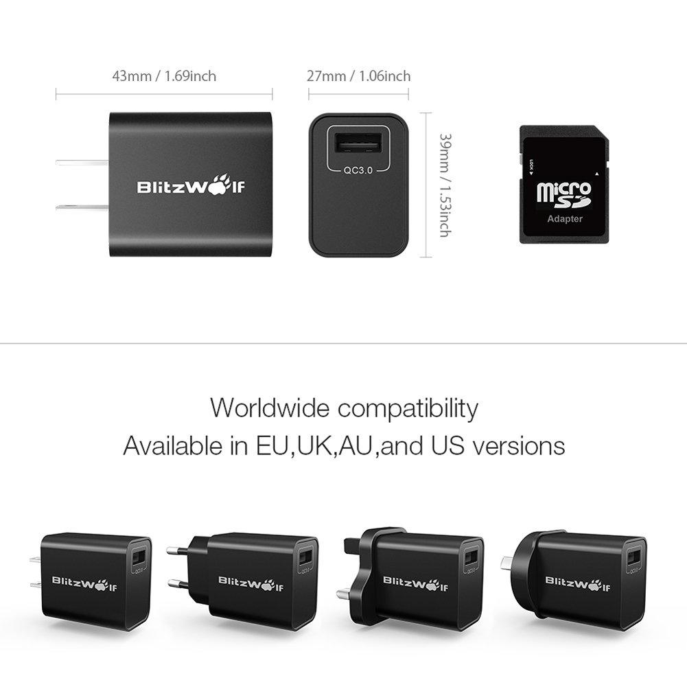 USB Ladegerät, BlitzWolf 18W USB Netzteil Wand Adapter mit 1m 2.4A Micro USB Kabel für iPhone 7 / 6 / 6 Plus, iPad Air 2 / Mini 3, Samsung Galaxy S6 / S6 Edge, Nexus, HTC M9, Motorola, LG, Qualcomm QC2.0, QC3.0, HUAWEI FCP, BC1.2 und usw(Sc