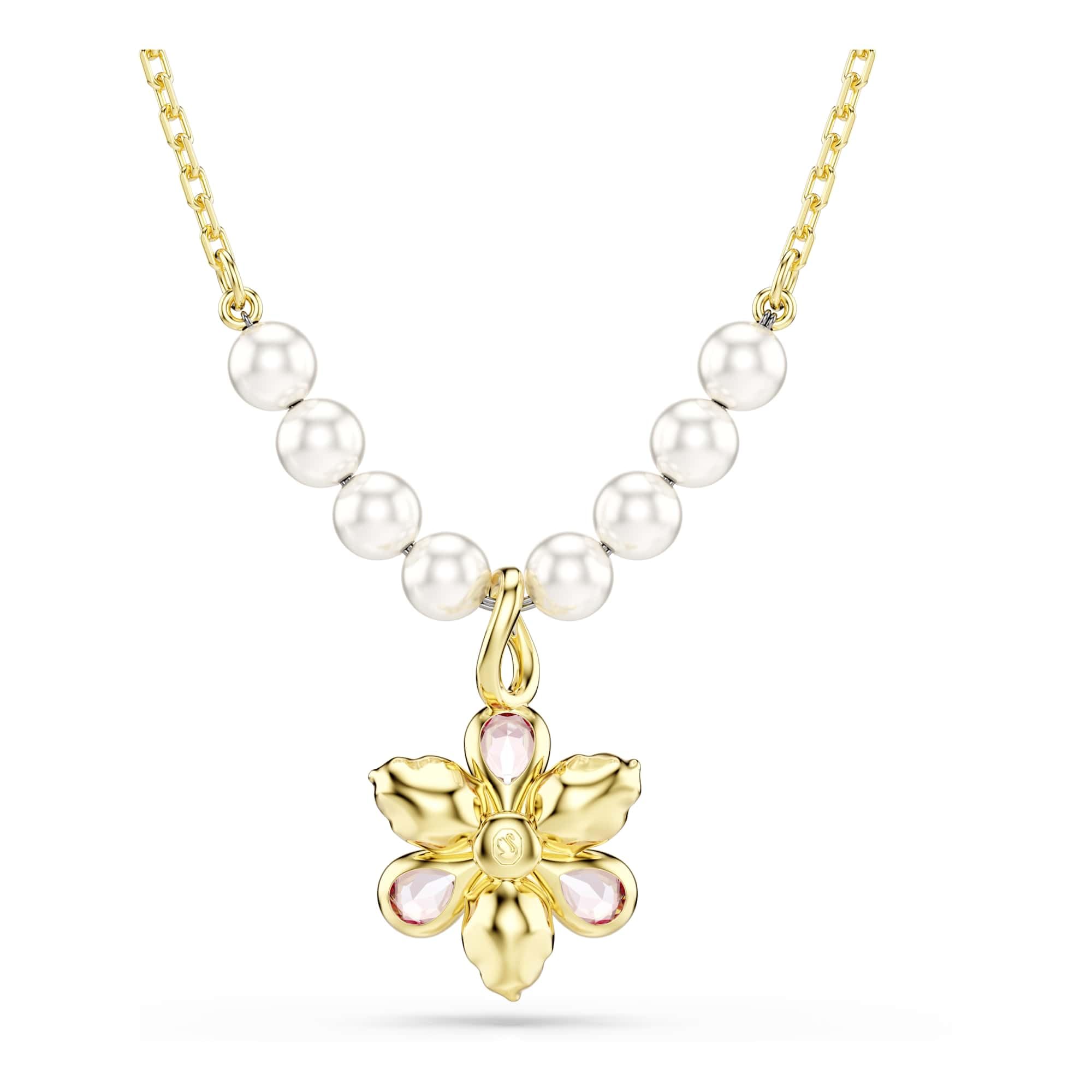 Swarovski Idyllia Pendant Necklace, Flower Motif with Multicoloured Mixed-Cut Crystals and Crystal Pearls in a Gold-Tone Finished Setting, Part of the Idyllia Collection