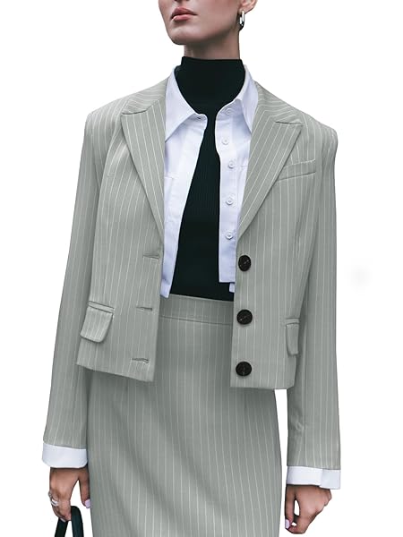 CICY BELL WOMENS CROPPED STRIPED BLAZER CASUAL LONG SLEEVE LAPEL BUTTON DOWN WORK BLAZER JACKETS GREY