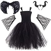 OBEEII Kids Girls Witch Costume Handmade Knitted Tulle Dress Evil Queen Dress Up Costume for Halloween Carnival Cosplay