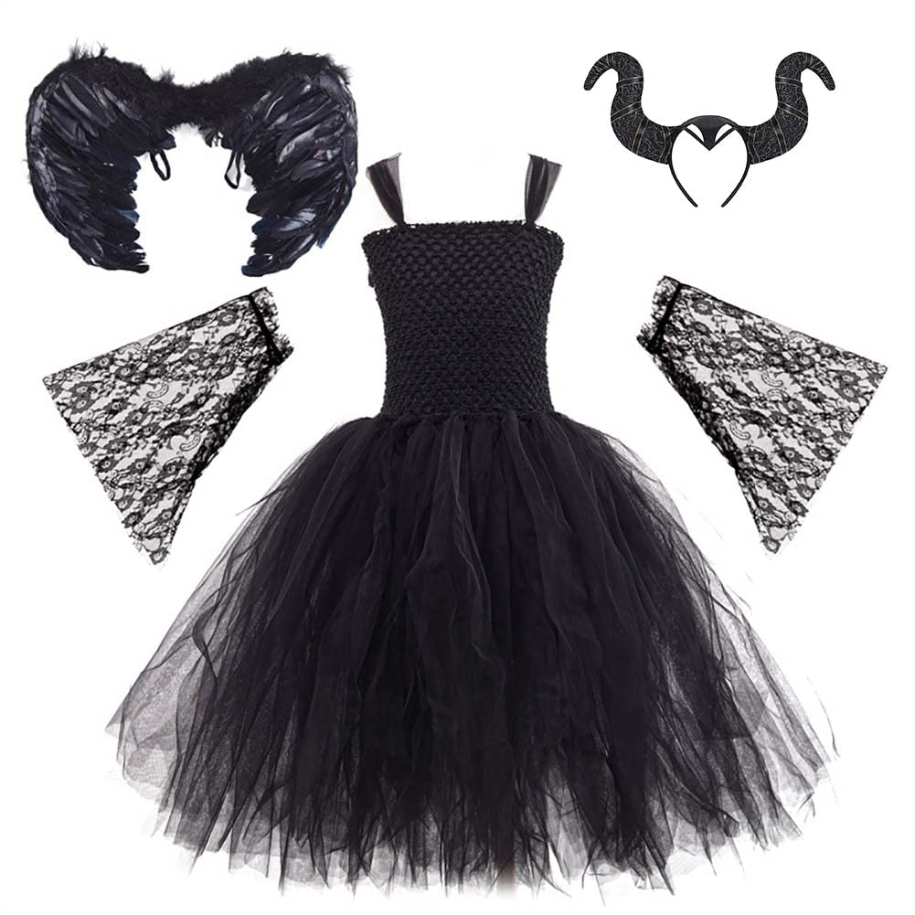 Odizli Maleficent Costume Kids Girls Halloween Evil Queen Fancy Dress Up Handmade Knitted Tulle Princess Dress + Horns + Wing Carnival Party World Book Day Witch Devil Cosplay Black 3-4 Years
