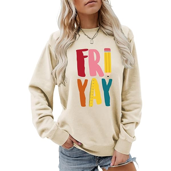 ESIKAH Happy Fri-yay Sweatshirt Booktrovert Funny Teacher Shirt Happy  Weekend Friday Fri-yay Shirt Women Casual Pullover Tops Beige at Amazon  Women's Clothing store