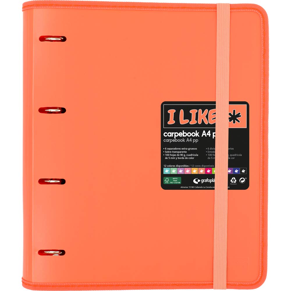 Grafoplas 88100584 Carpebook Like 4 Pre-Cut Rings, A4, Coral, Replacement Sheets, 6 Dividers and Transparent Envelope, Carpebook Like