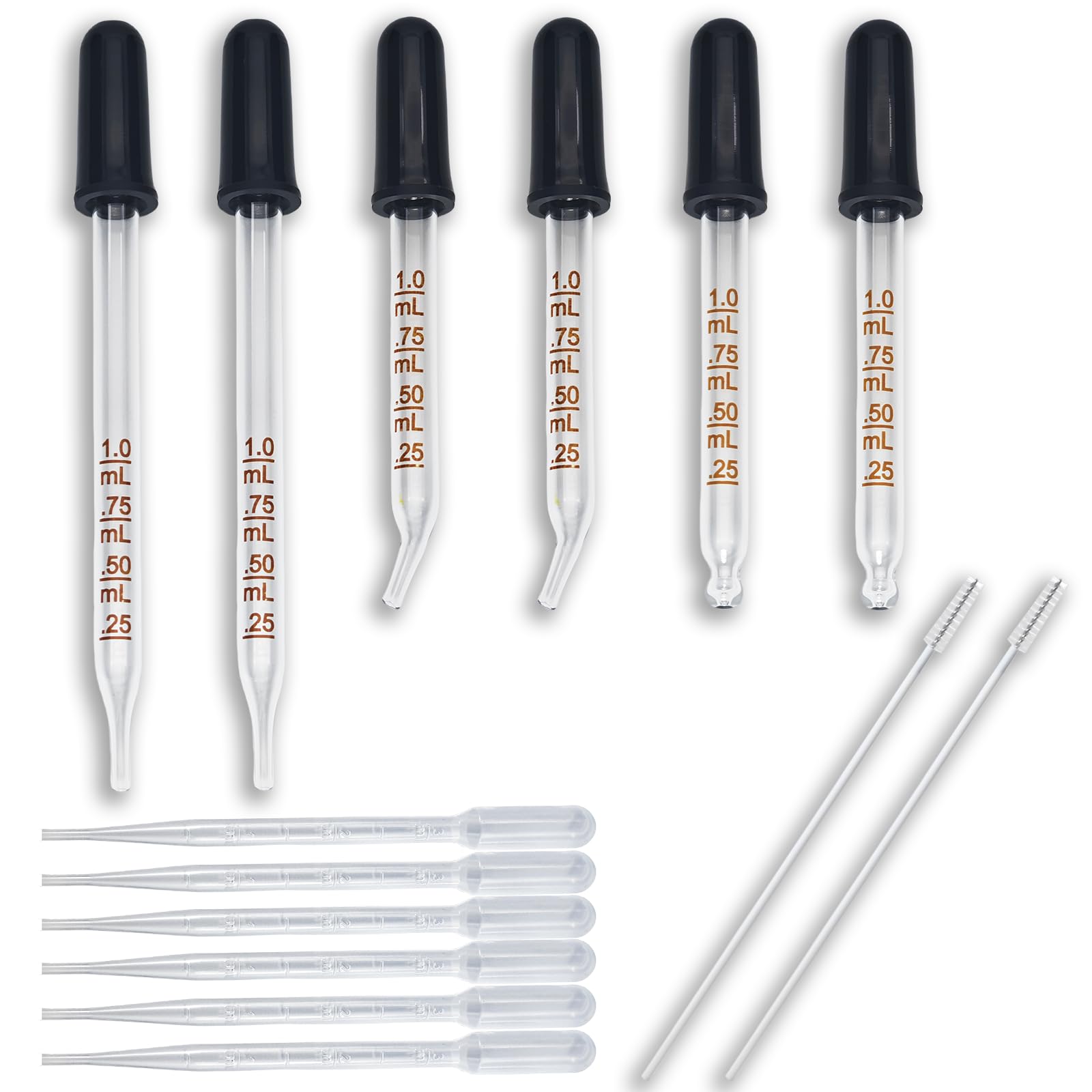 6 PCS 1 mL Glass Eye Droppers with Clean Brush for Essential Oils, Lab, Health Care, Crafts - Glass Dropper, Eye Dropper, 1mL Pipettes Dropper, Medicine Dropper