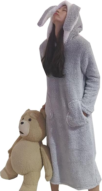 Amazon Puhao プハオ ルームウェア もこもこ 可愛い ワンピース ルームウェア ロング パジャマ 柔らか ふわ もこあったか レディース 部屋着 長袖 厚手 秋冬 ふわもこ 女性用 家着 グレー バスローブ 通販