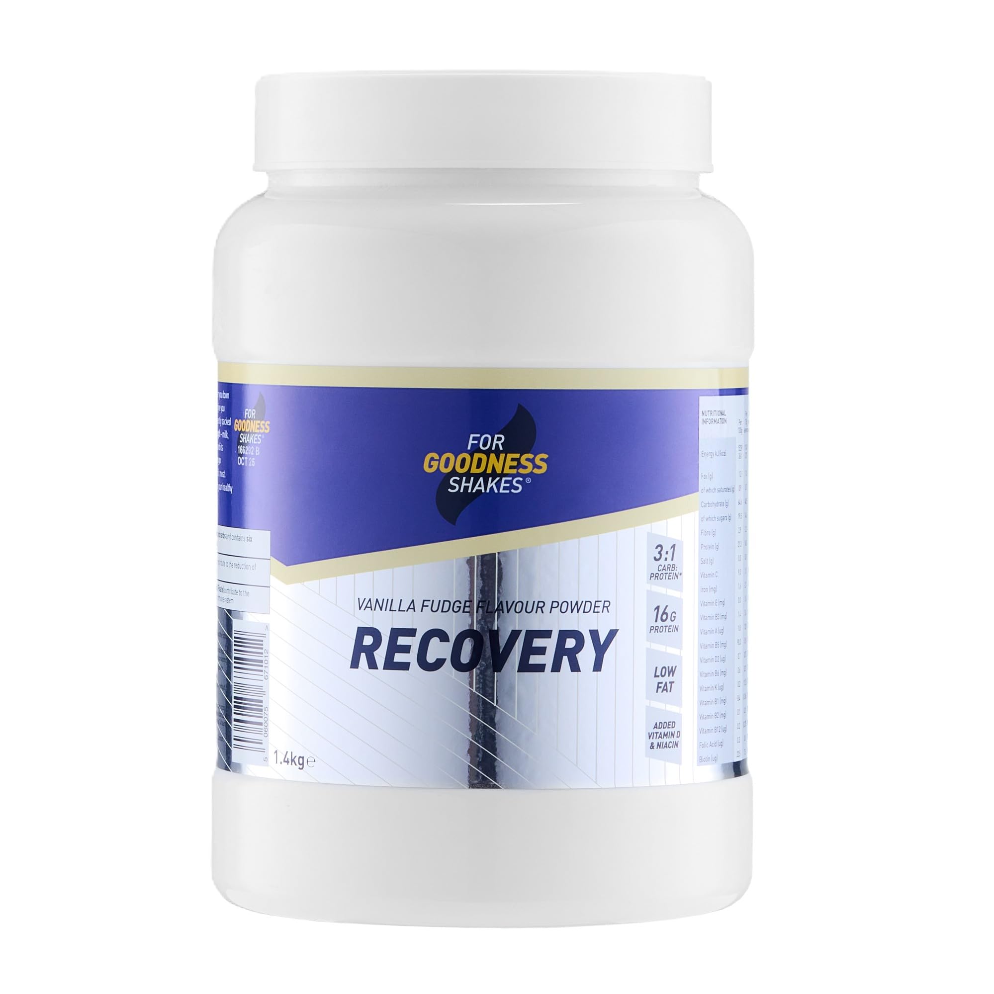 For Goodness Shakes Vanilla Recovery Powder, 16g Protein per 75g, Zero-Fat & High Carb With Protein, Folic Acid & Niacin, Post Workout Protein Powder, 20 servings, 1.4 kg