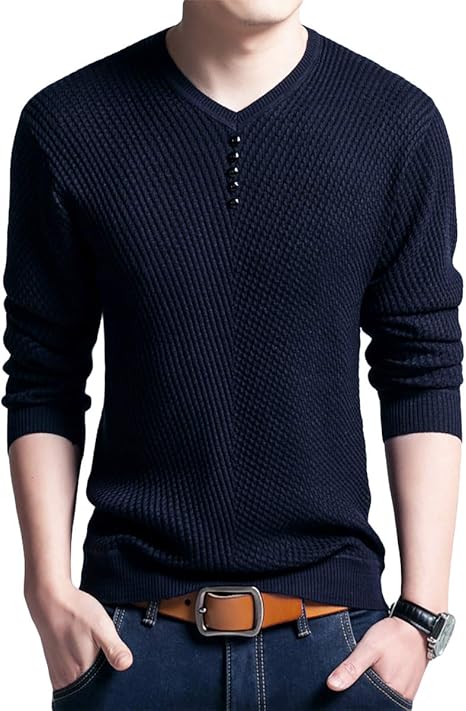 Amazon Meryueru メリュエル フェイクボタン Vネック カットソー シンプル デザイン 長袖 すっきり シルエット メンズ Tシャツ カットソー 通販