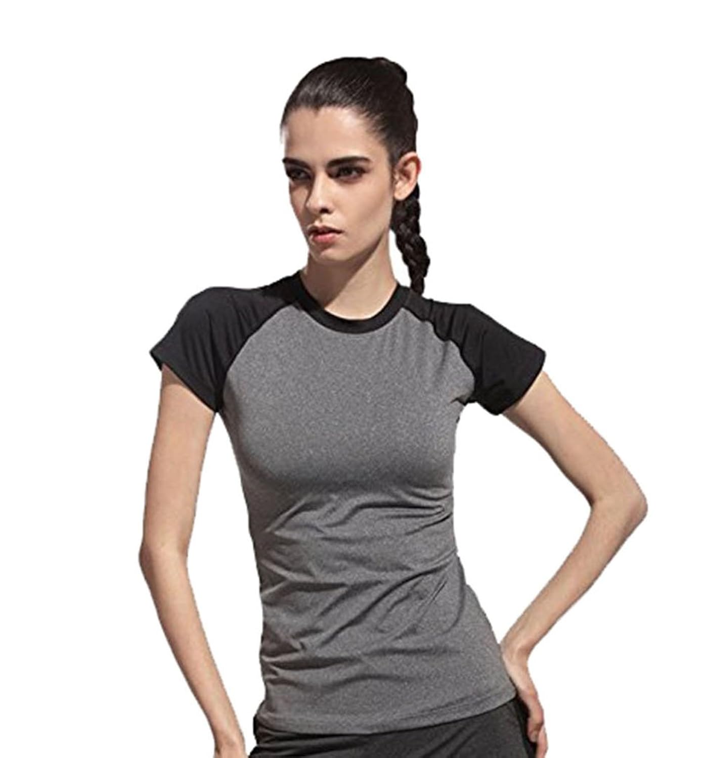 women black and grey stretchable gym yoga activewear sportwear tshirt.premium quality fabric