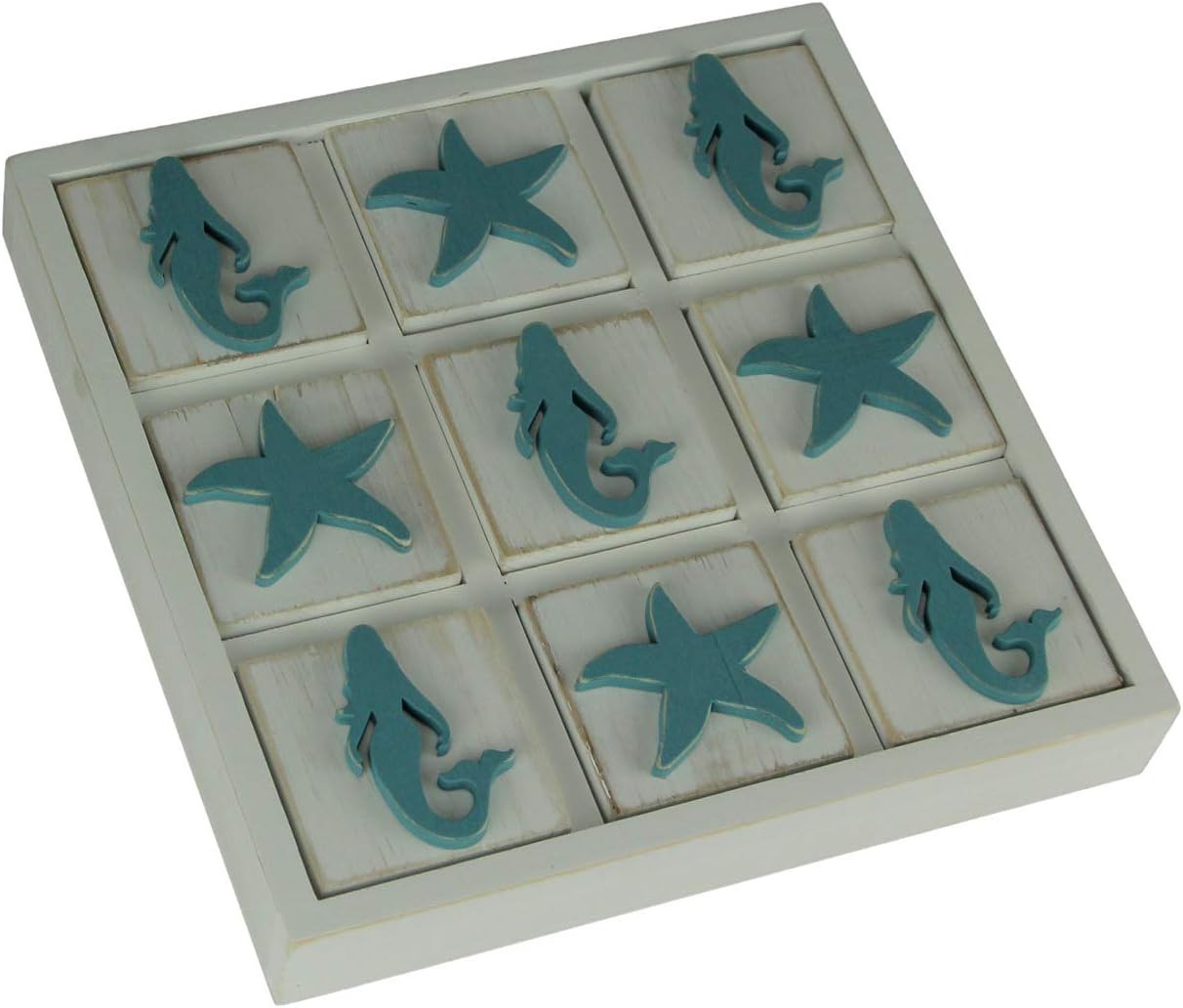 Fancythat Blue and White Wood Mermaid and Starfish Tic Tac Toe Game Board