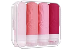 GLAMFIELDS TSA Approved Travel Bottles for Toiletries, 3oz Size Leak Proof Silicone Containers for Shampoo, Conditioner,Easy to Squeeze and Portable, Essentials for Traveling (4 Pack) Pink