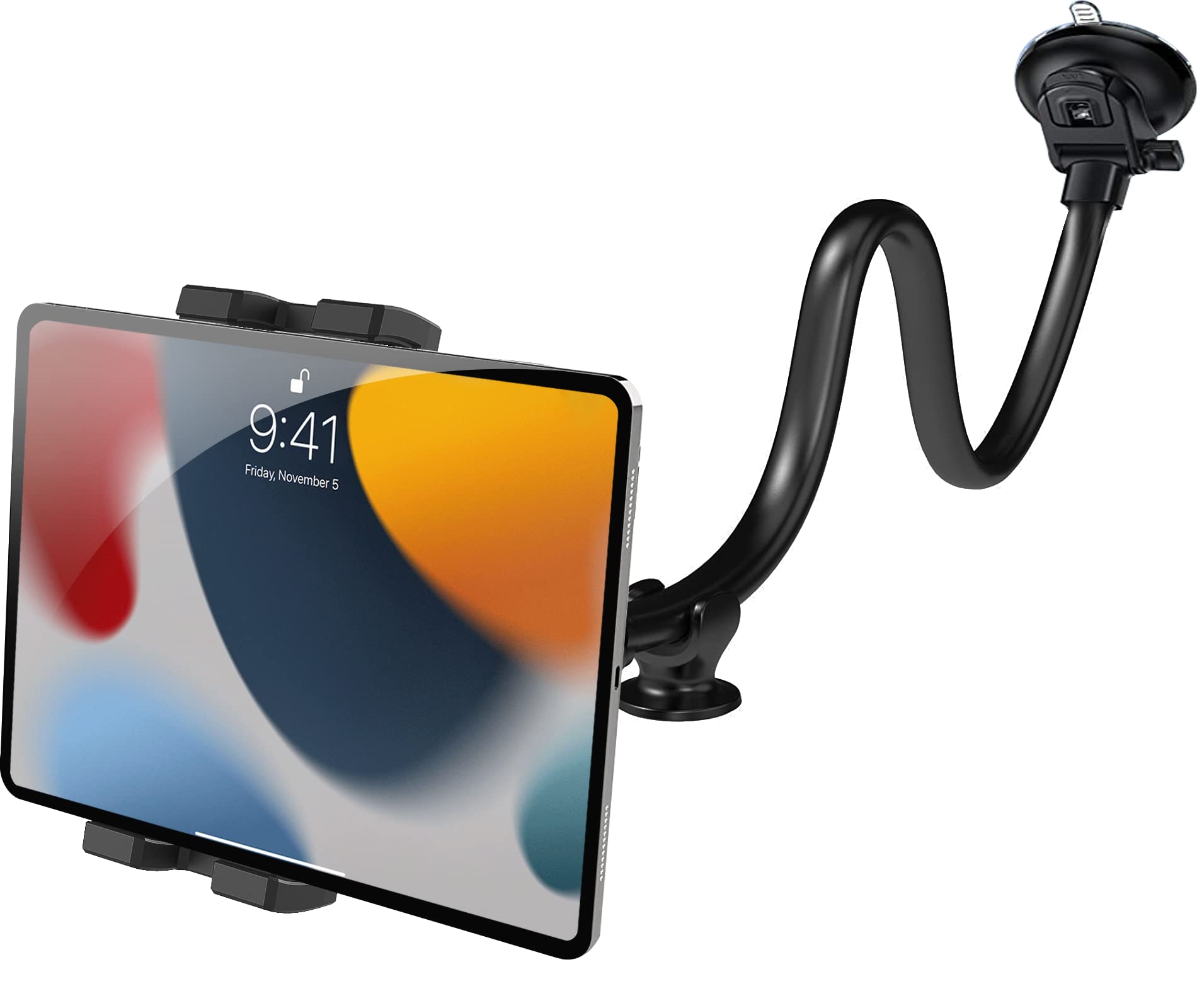 woleyi Front Car Tablet Holder [34cm Gooseneck Long Arm Extension], Universal Windshield Dashboard Suction Car Tablet Mount Stand Flexible for iPad Pro Air Mini, Galaxy, Huawei, iPhone, 4-12.9"