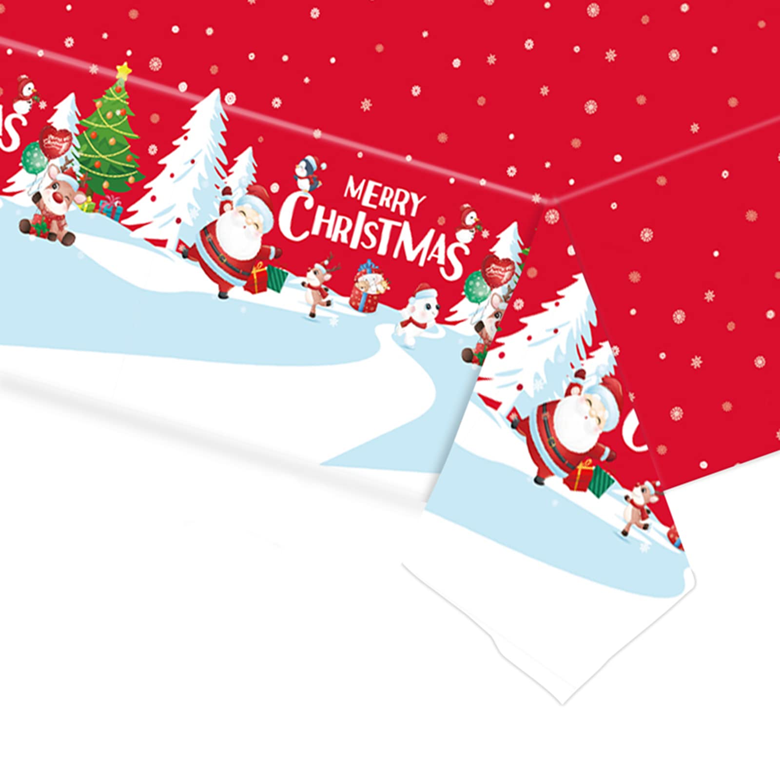 Winter Snowflake Christmas Tablecloth for Christmas Party, 137*274cm Large Red Holly Santa Elk Xmas Table Cover, Disposable Plastic Table Cloth for Winter Holiday Party Supplies Decor