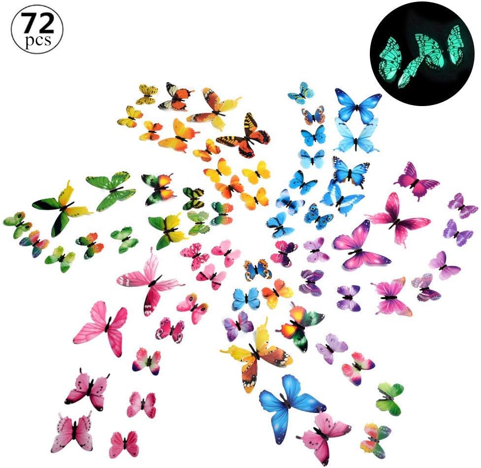 Butterfly Wall Stickers Glow in The Dark 72 Pieces 3D Wings Butterflies Wall Art DIY Wall Decals for Home Bedroom Kids Room