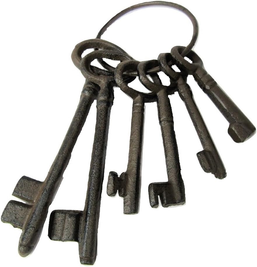 Large JAILERS Keys Ring Antique-Style Rustic Cast Iron Set Lot of 6 Jail Western Prison c