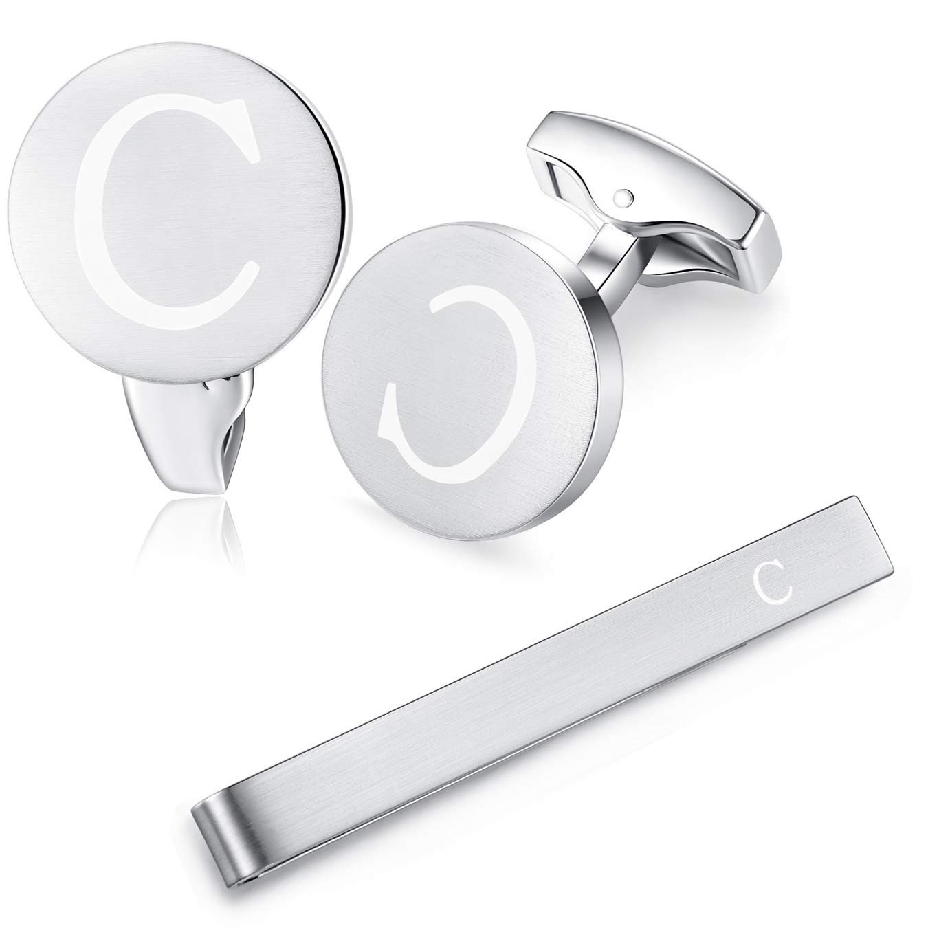 HONEY BEAR Initial Alphabet Letter Cufflinks Tie Clip Set for Mens - Brushed Silver Round Stainless Steel, for Business Wedding Gift,5.4cm (C)
