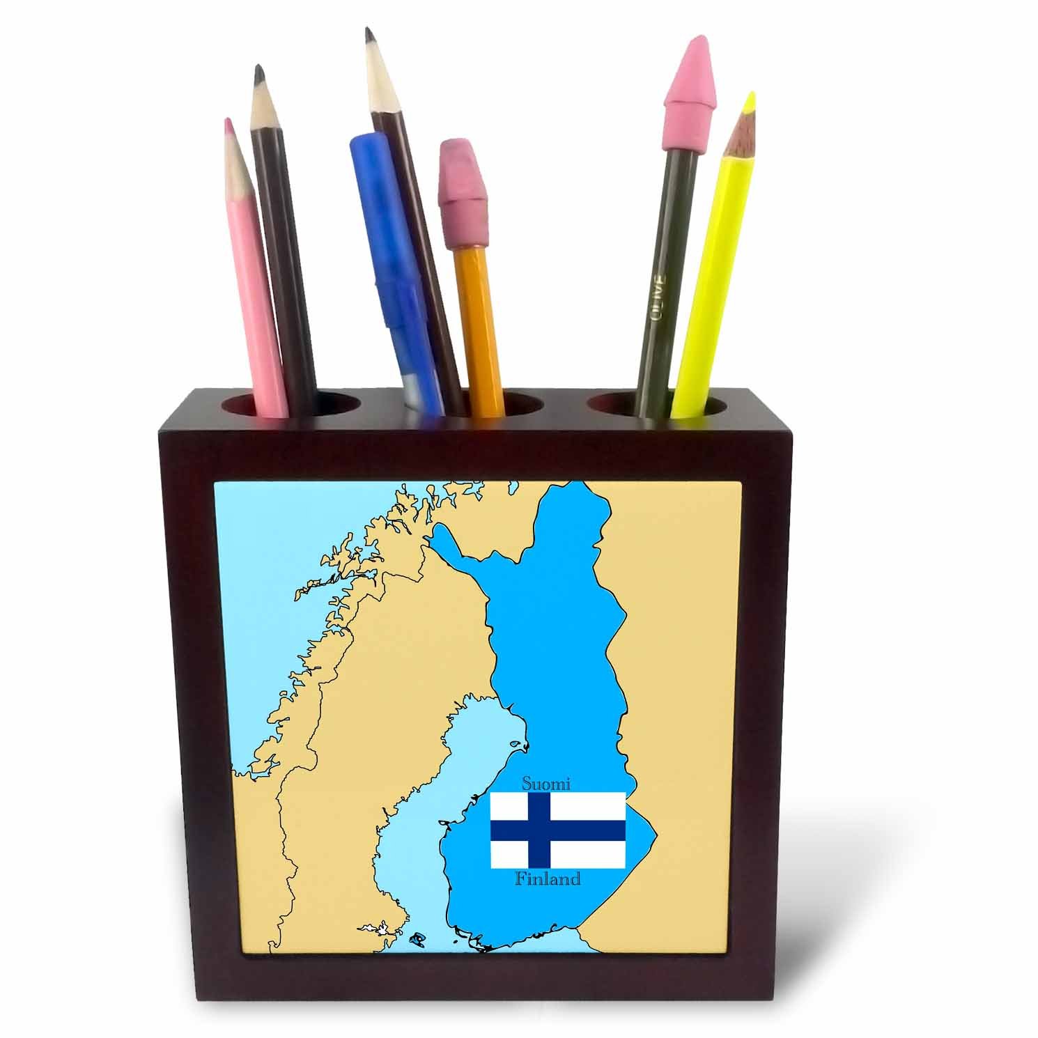 3dRose Map and Flag Finland Printed in English and Finnish-Tile Pen Holder, 5-Inch (Ph_37585_1), 5 Inches