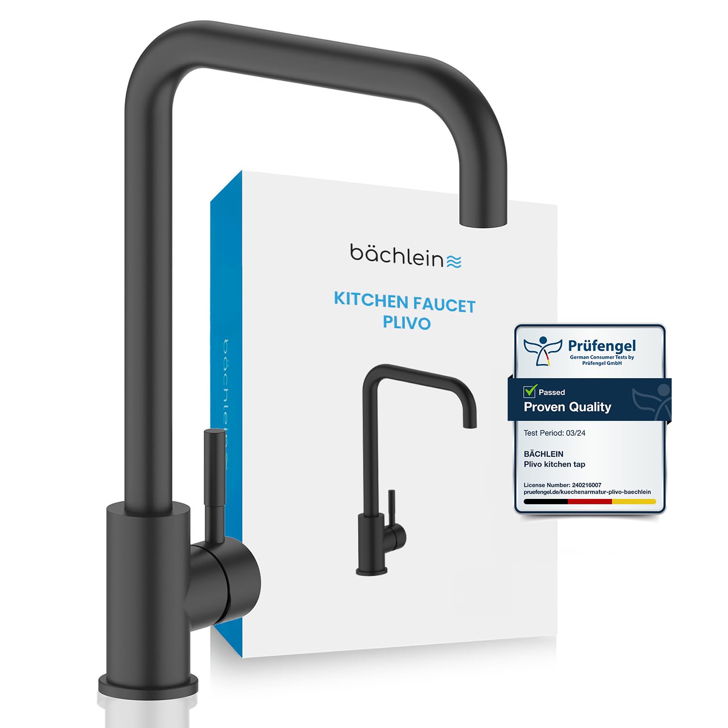 Bächlein Kitchen Mixer 360 Degree Swivel (Matt Black) - One-Hand Sink Mixer Made of Stainless Steel with 360° Swivel Spout, Water Tap for The Kitchen in Extra Solid Design