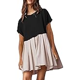 SAUKOLE Womens Summer Crew Neck Short Sleeve Dress Patchwork Pleated A Line Beach Boho Mini Dress