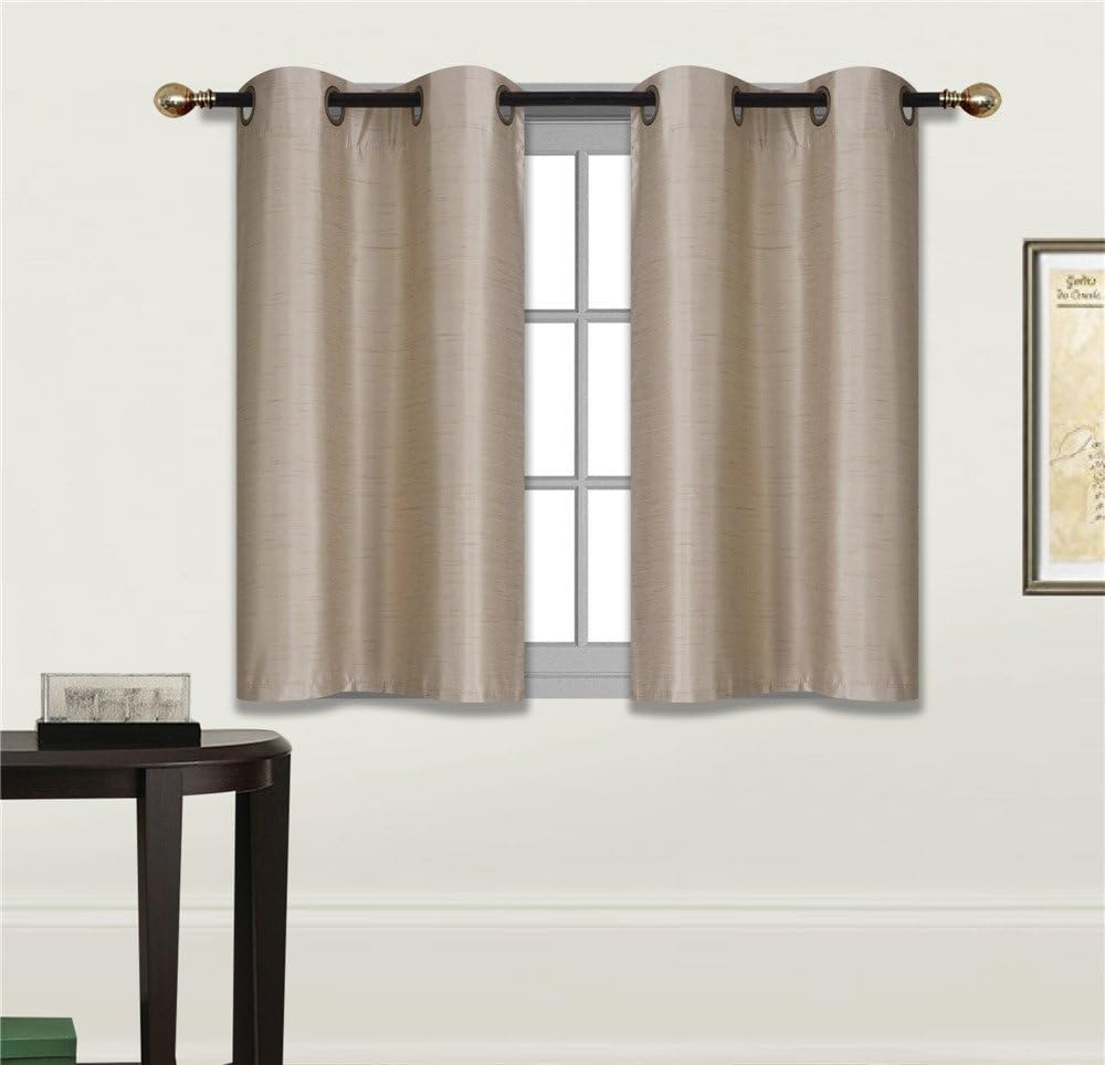 Elegant Home 2 Panels Tiers Grommets Small Window Treatment Curtain Faux Silk Semi Sheer Drape Short Panel 28" W X 36" L Each for Kitchen Bathroom or Any Small Window # N25 (Taupe)