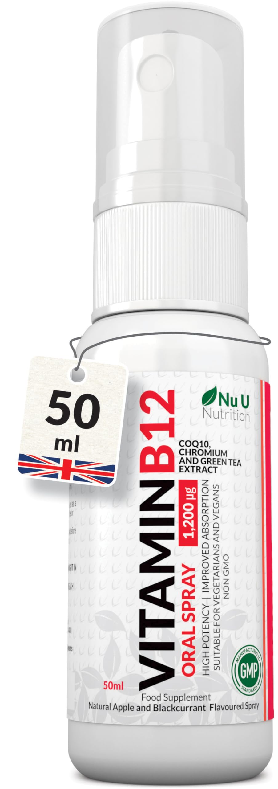 Vitamin B12 Spray 1,200 µg 50ml - 83 Servings - Methylated Sublingual Supplement - Natural Apple & Blackcurrant Flavour - with CoQ10, Chromium & Green Tea - Made in the UK - Nu U Nutrition