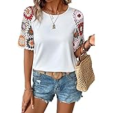 Melliflo Womens Shirts Floral Crochet Short Sleeve Crewneck Shirt Casual Pullover Blouse Summer Tops