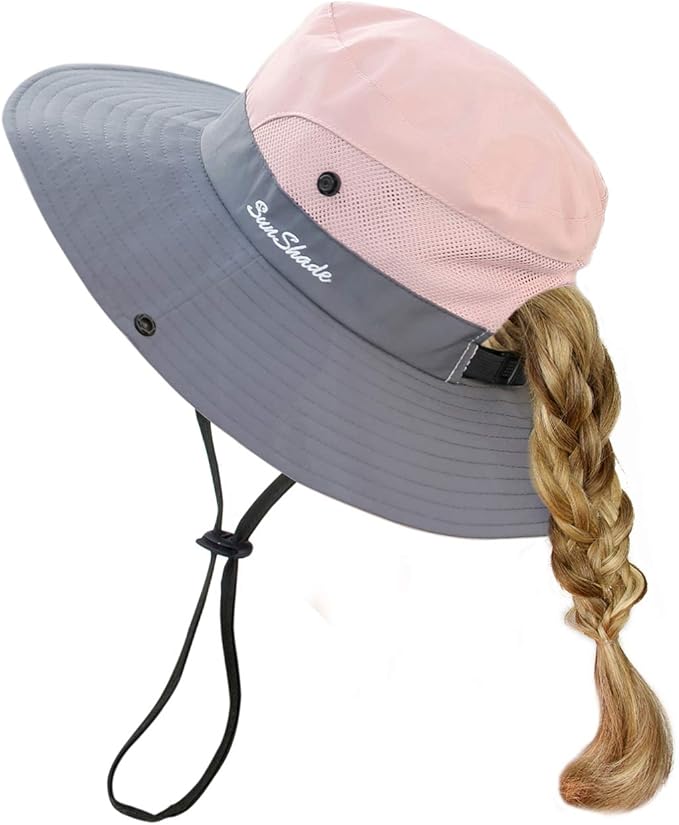 HGGE Kids Girls Sun Hat UV Protection Wide Brim Beach Cap with Ponytail