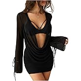 Floerns Women's Swimwear Sheer Mesh Long Sleeve Cover Up Draped Open Back Beach Dress