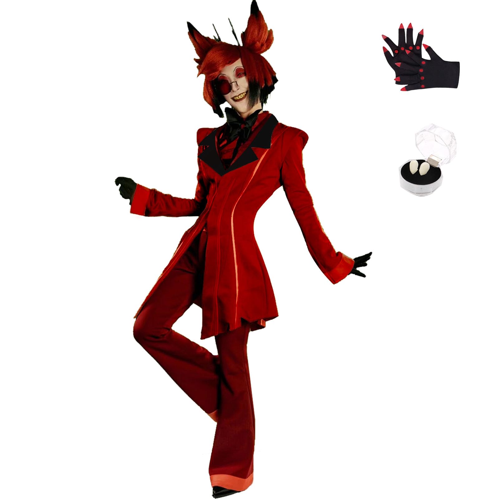 Photo 1 of SHIKI Anime Alastor Cosplay Costume Hazbim Hotel Radio Demon Red Striped Suit Jacke Uniform Halloween Outfit for Women Men (XL-Alastor1)