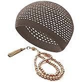 ESERRA Kufi Hats for Men and Women with 99 Tasbih Prayer Beads, Muslim Thick Breathable Skull Cap, Tasbeeh, Prayer Cap