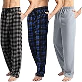 3 Pack Men's Fleece Pajama Pants Bottoms– Lounge Sleepwear Plaid PJs with Pockets and Button Fly