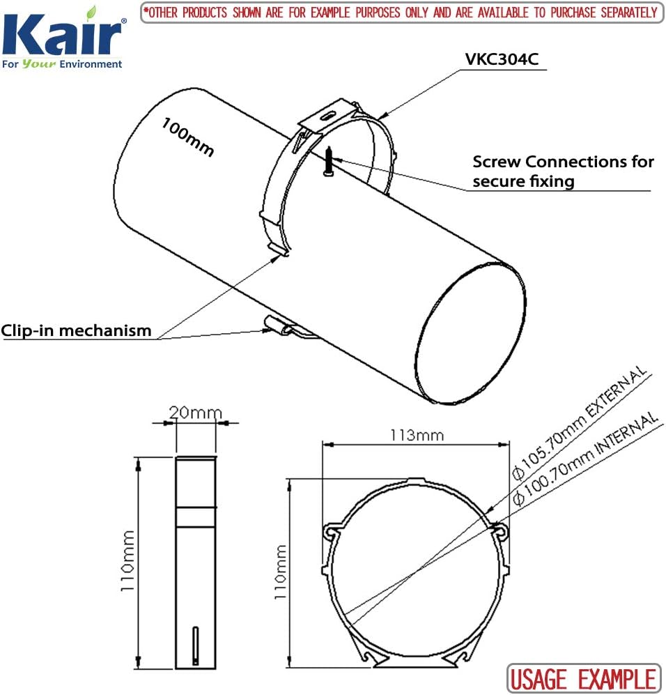 Kair Round Ducting Pipe Retaining Clip 100mm 4 inch Support Bracket