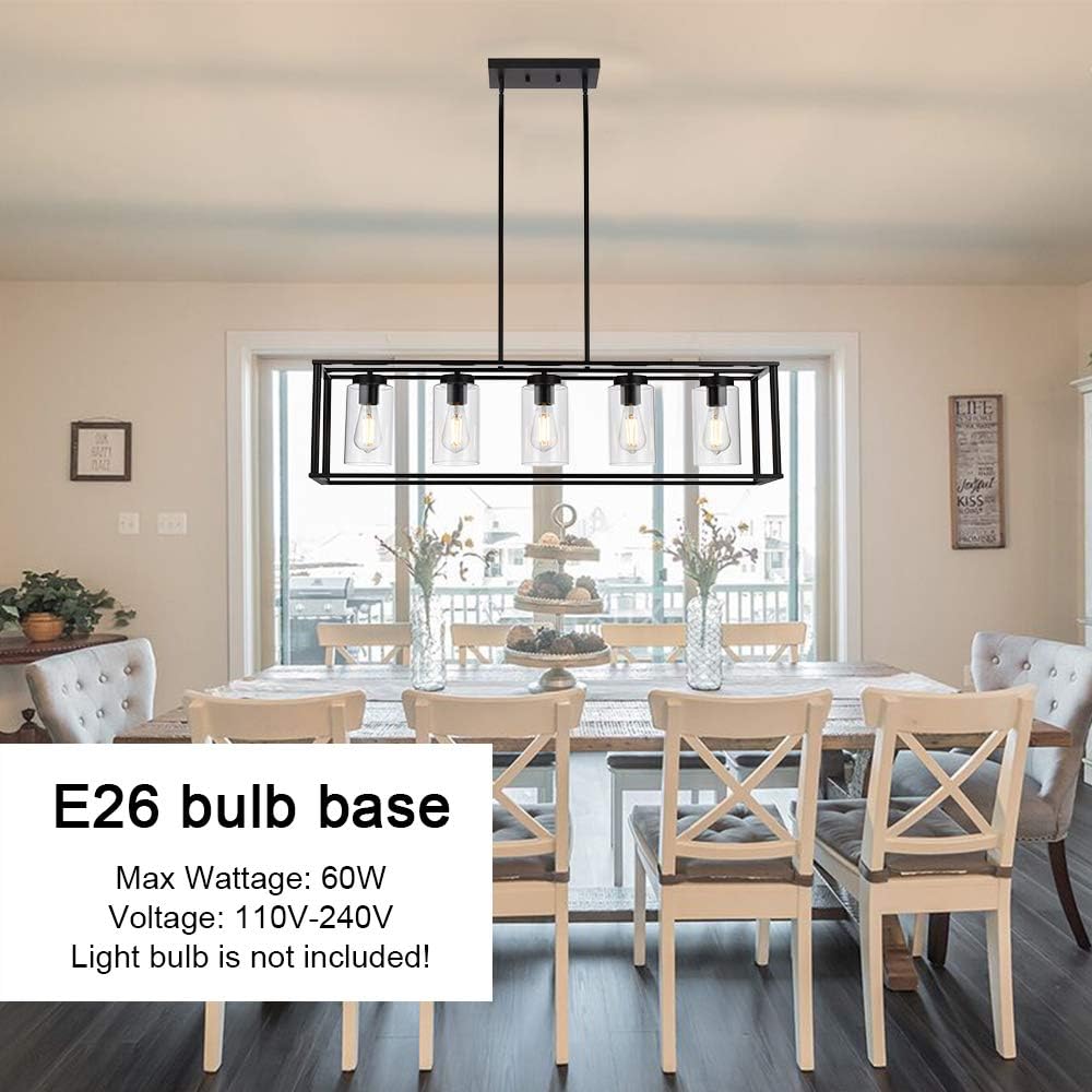 VINLUZ Farmhouse Chandeliers Rectangle Black 5 Light Dining Room Lighting Fixtures Hanging, Kitchen Island Cage Pendant Lights Contemporary Modern Ceiling Light with Glass Shade Adjustable Rods - - 